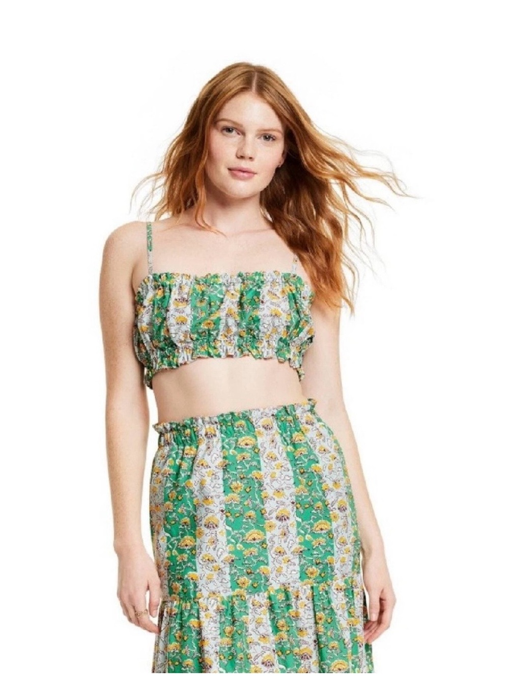 RHODE for Target Floral Smocked Crop Top Womens L Green Yellow Ruffle Trim